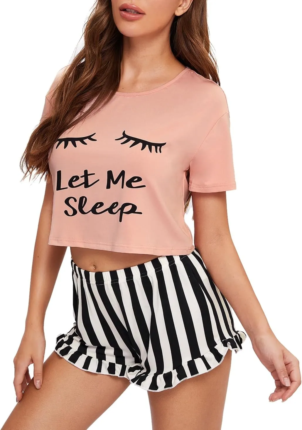 WDIRARA Women's Sleepwear Closed Eyes Print Tee and Striped Shorts Cute Pajama Set