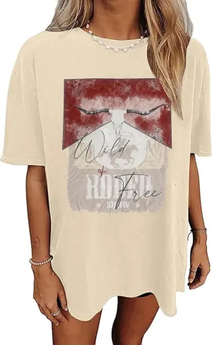 Western American Rodeo T-Shirt Women Boho Western Graphic Shirt Oversized Country Music Short Sleeve Tops