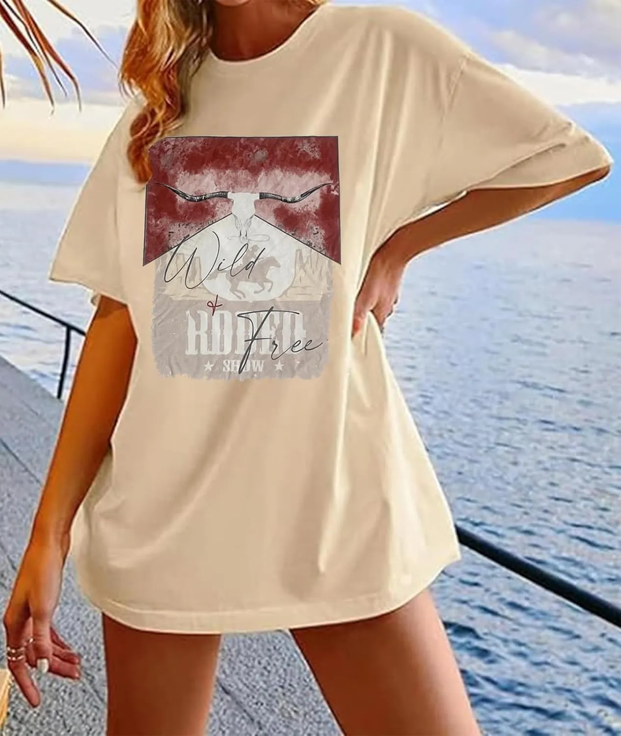 Western American Rodeo T-Shirt Women Boho Western Graphic Shirt Oversized Country Music Short Sleeve Tops