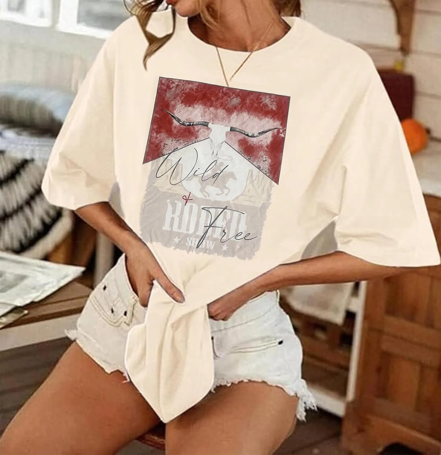 Western American Rodeo T-Shirt Women Boho Western Graphic Shirt Oversized Country Music Short Sleeve Tops