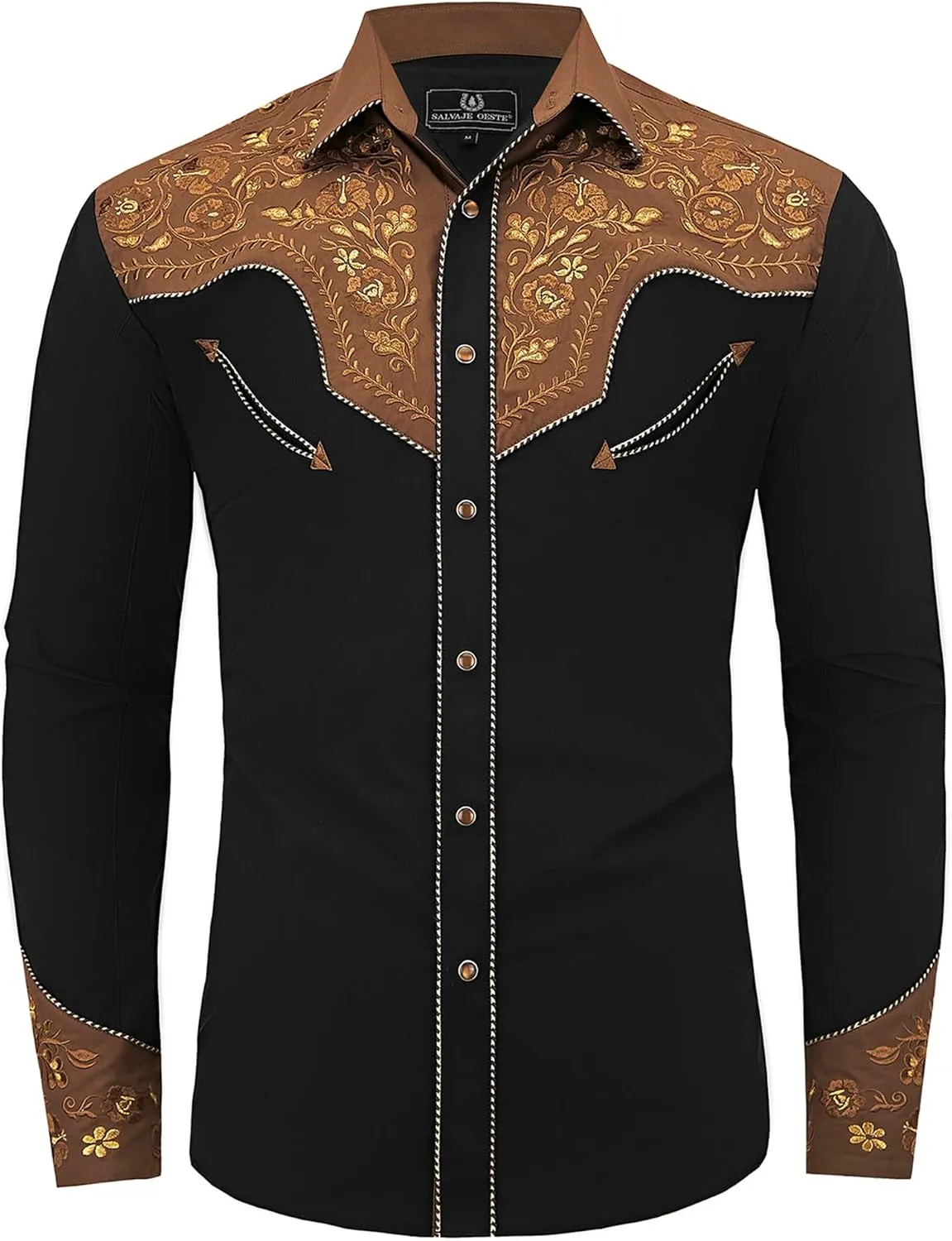Western Embroidered Cowboy Shirts for Men, Casual Button Down Long Sleeve Shirt Floral Design Retro Shirt