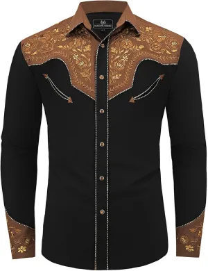 Western Embroidered Cowboy Shirts for Men, Casual Button Down Long Sleeve Shirt Floral Design Retro Shirt