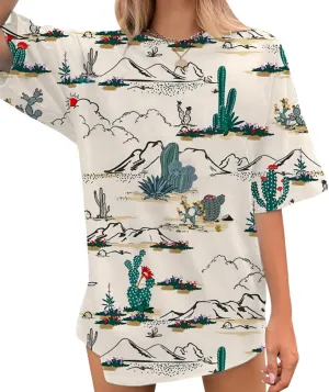 Western Shirts for Women Oversized Boot Cactus Graphic Tshirt Vintage Cowgirl Rodeo Tee Summer Short Sleeve Tops