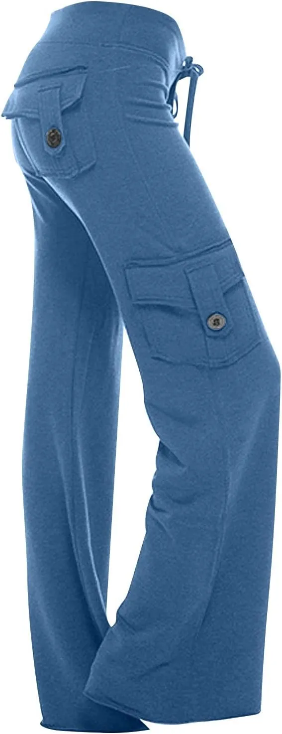 Wide Leg Cargo Pants for Women with Pockets Drawstring High Waisted Yoga Pants Trouser Style Yoga Pants Tall