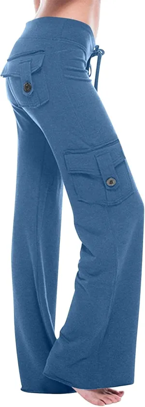 Wide Leg Cargo Pants for Women with Pockets Drawstring High Waisted Yoga Pants Trouser Style Yoga Pants Tall