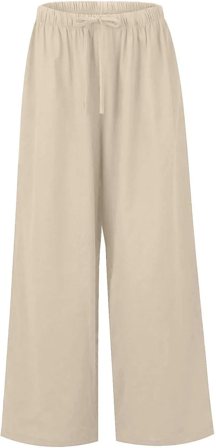 Wide Leg Linen Pants Women Summer Lightweight Elastic High Waisted Flowy Palazzo Pants Loose Fit Lounge Beach Pants