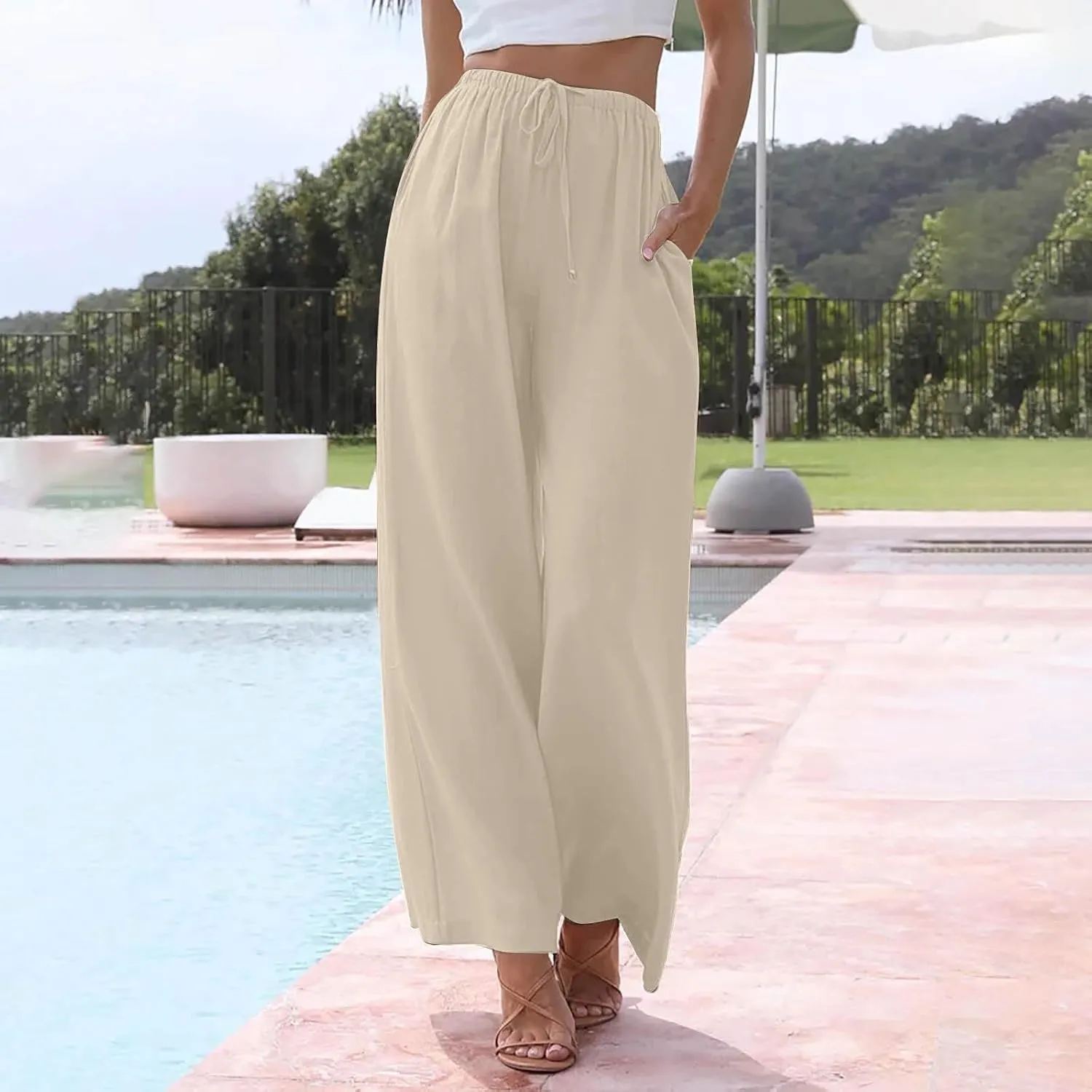 Wide Leg Linen Pants Women Summer Lightweight Elastic High Waisted Flowy Palazzo Pants Loose Fit Lounge Beach Pants