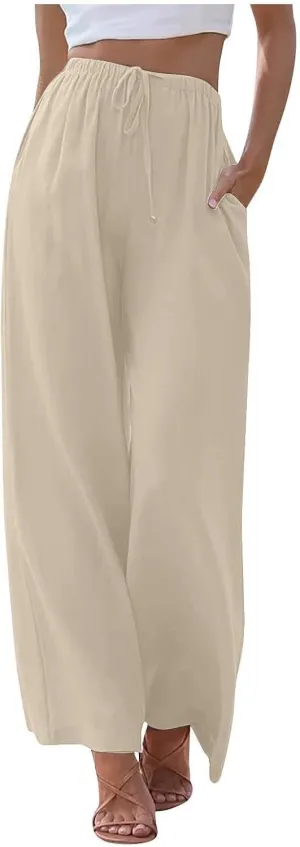 Wide Leg Linen Pants Women Summer Lightweight Elastic High Waisted Flowy Palazzo Pants Loose Fit Lounge Beach Pants