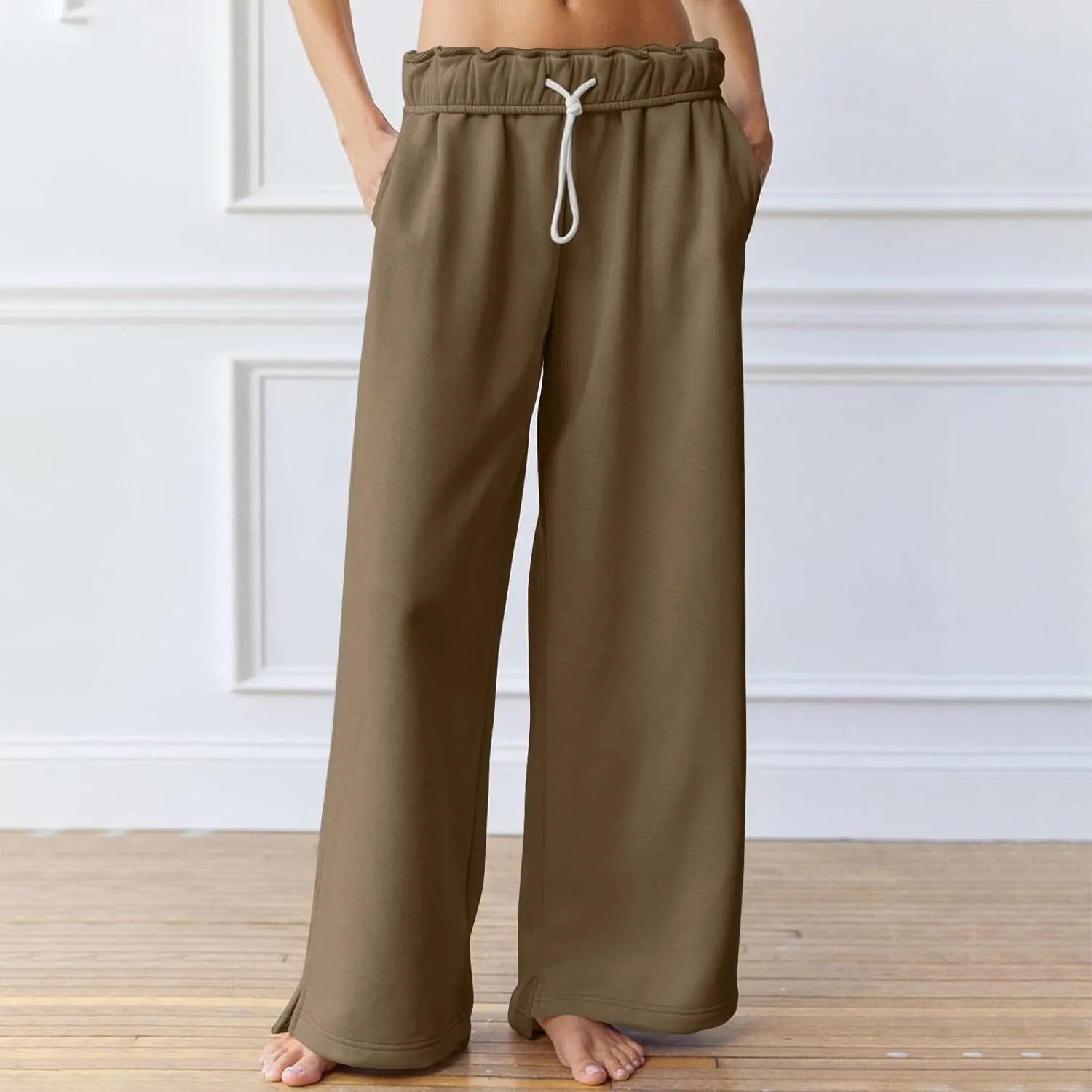 Wide Leg Sweatpants for Women Drawstring High Waisted Lounge Trousers Elastic Waist Baggy Casual Pants with Pockets