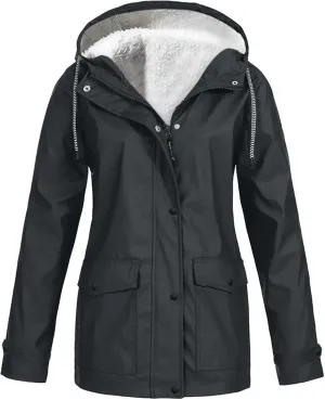 Windbreaker Jacket Women Fleece Lined Long Hooded Rain Coats Outdoor Raincoat Waterproof Lightweight Trench Raincoat