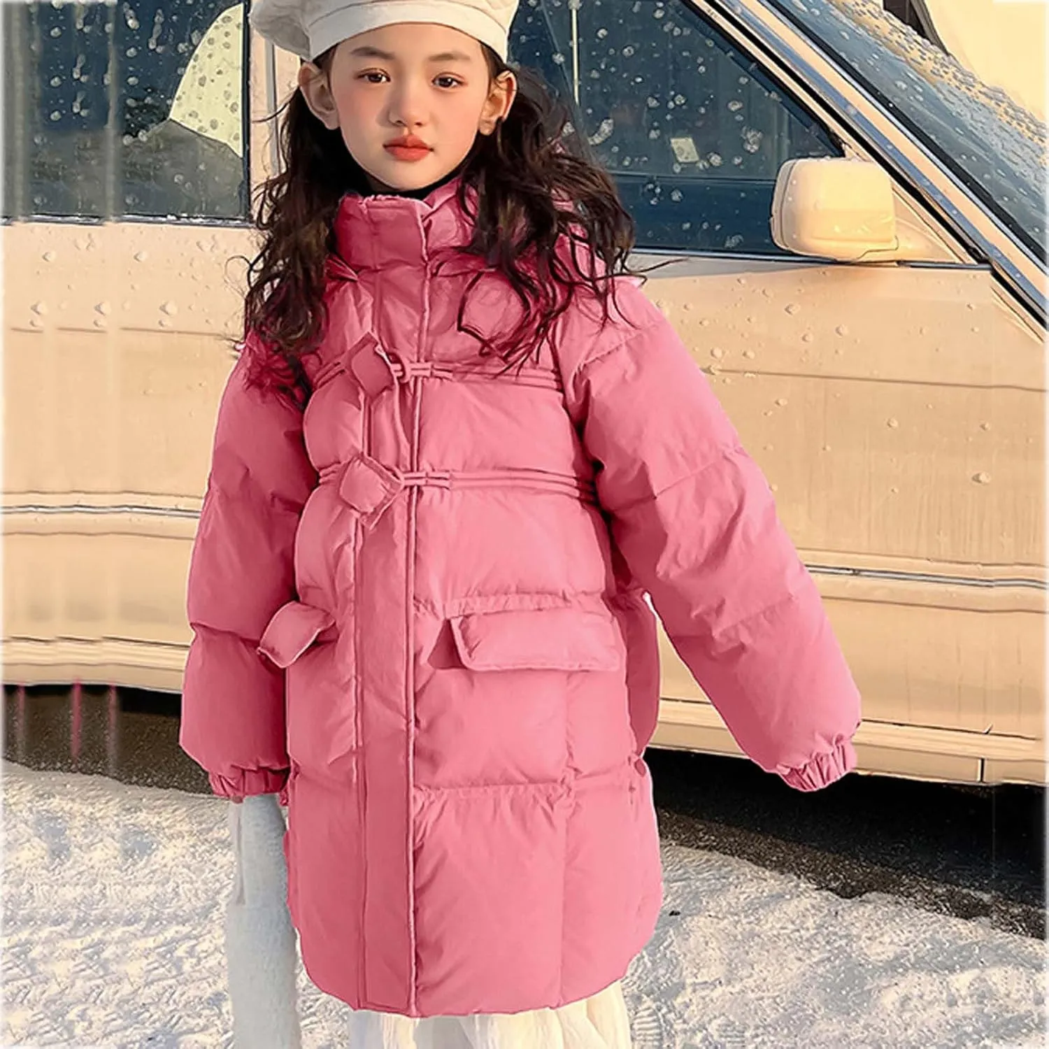 Winter Coats for Kids Girls Long Hooded Puffer Jacket Windproof Padded Outerwear Fashion Cotton Coat with Pockets