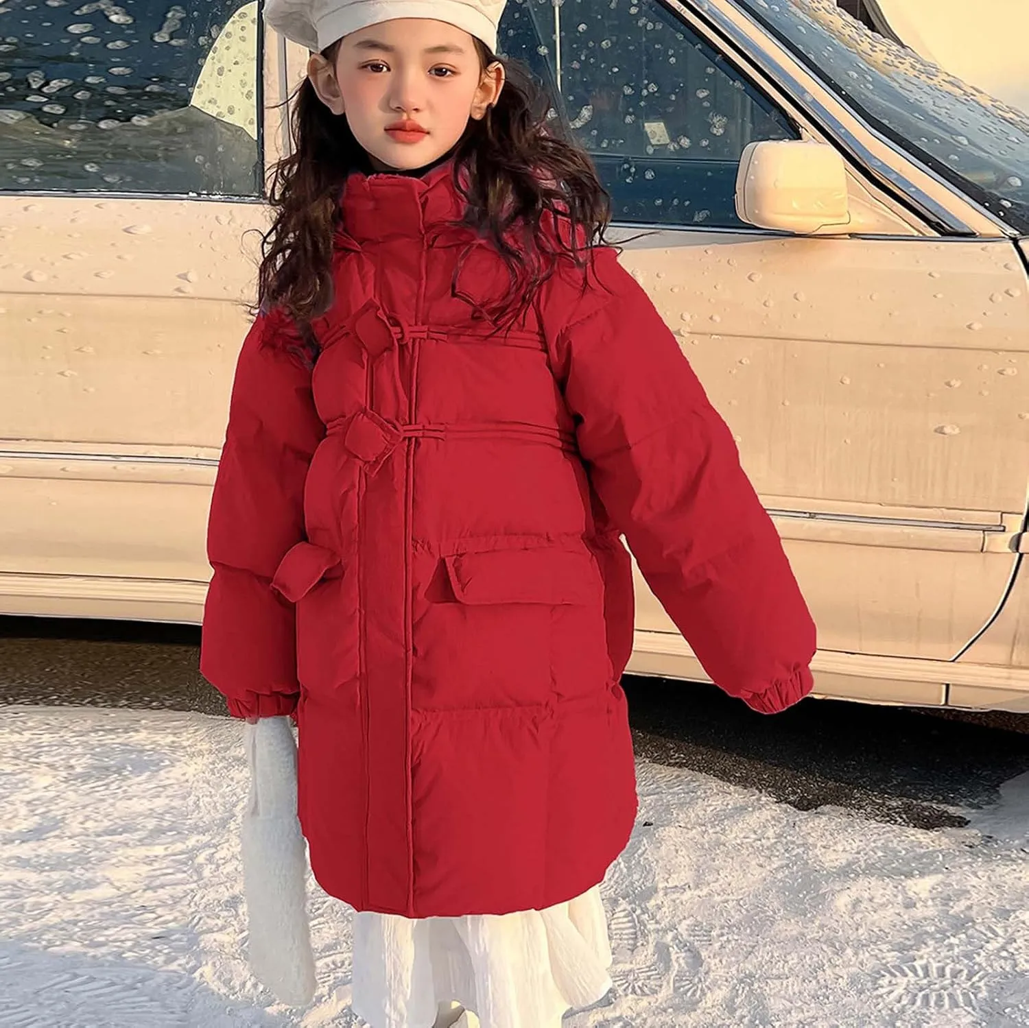 Winter Coats for Kids Girls Long Hooded Puffer Jacket Windproof Padded Outerwear Fashion Cotton Coat with Pockets