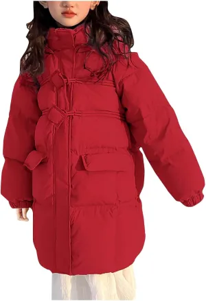 Winter Coats for Kids Girls Long Hooded Puffer Jacket Windproof Padded Outerwear Fashion Cotton Coat with Pockets