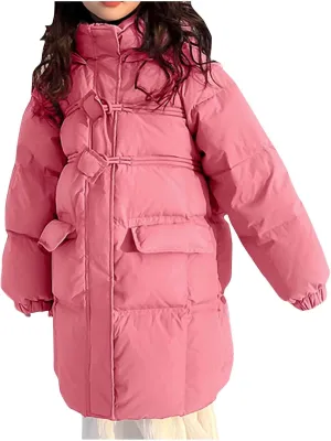 Winter Coats for Kids Girls Long Hooded Puffer Jacket Windproof Padded Outerwear Fashion Cotton Coat with Pockets