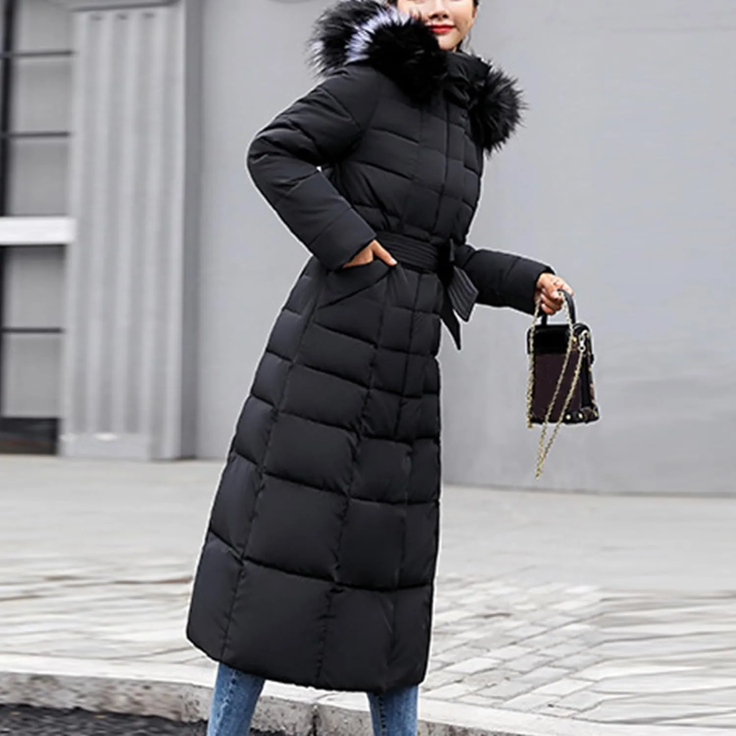 Winter Warm Coats for Women Thick Cotton Down Jacket Solid Color Hooded Padded Outerwear with Detachable Fur Collar