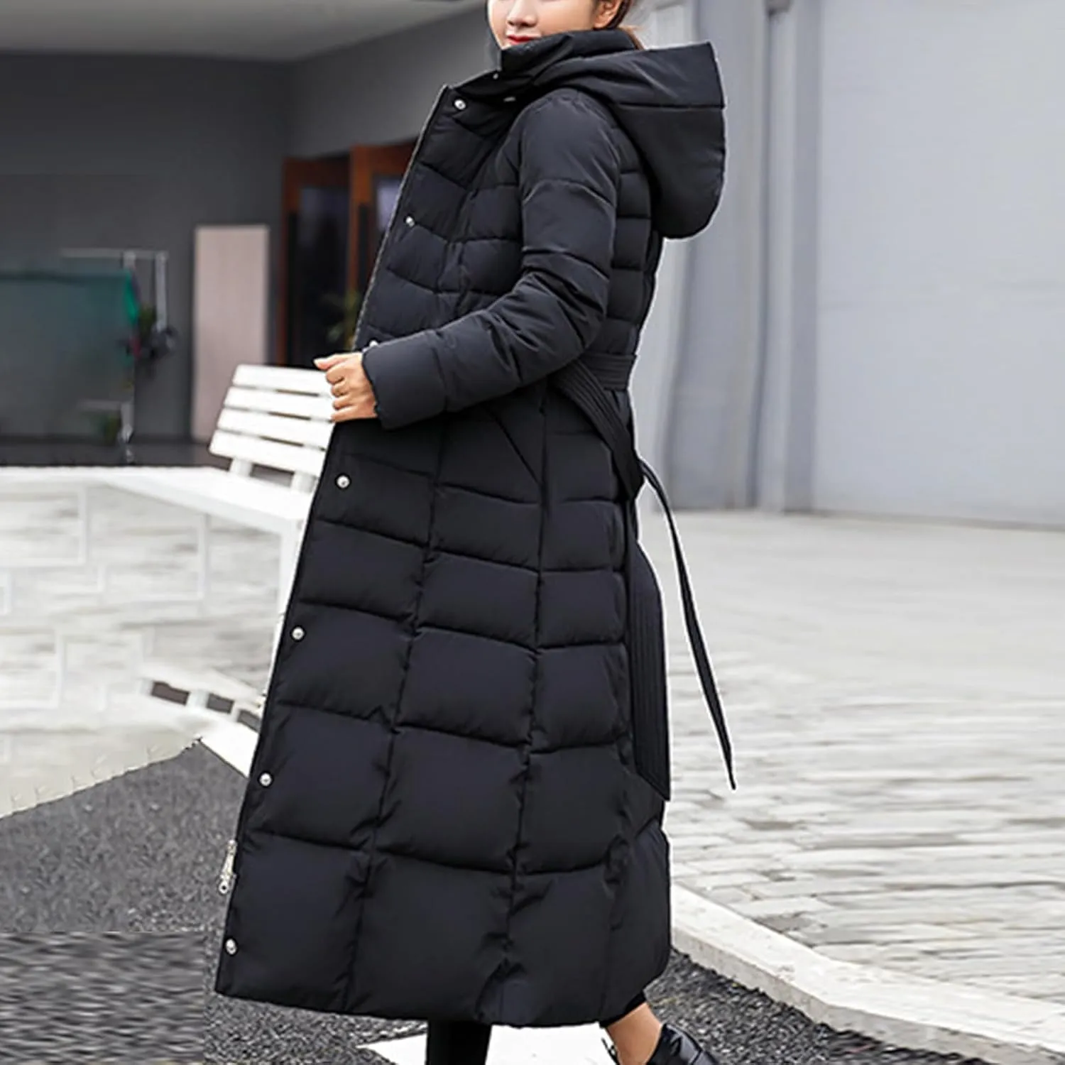 Winter Warm Coats for Women Thick Cotton Down Jacket Solid Color Hooded Padded Outerwear with Detachable Fur Collar