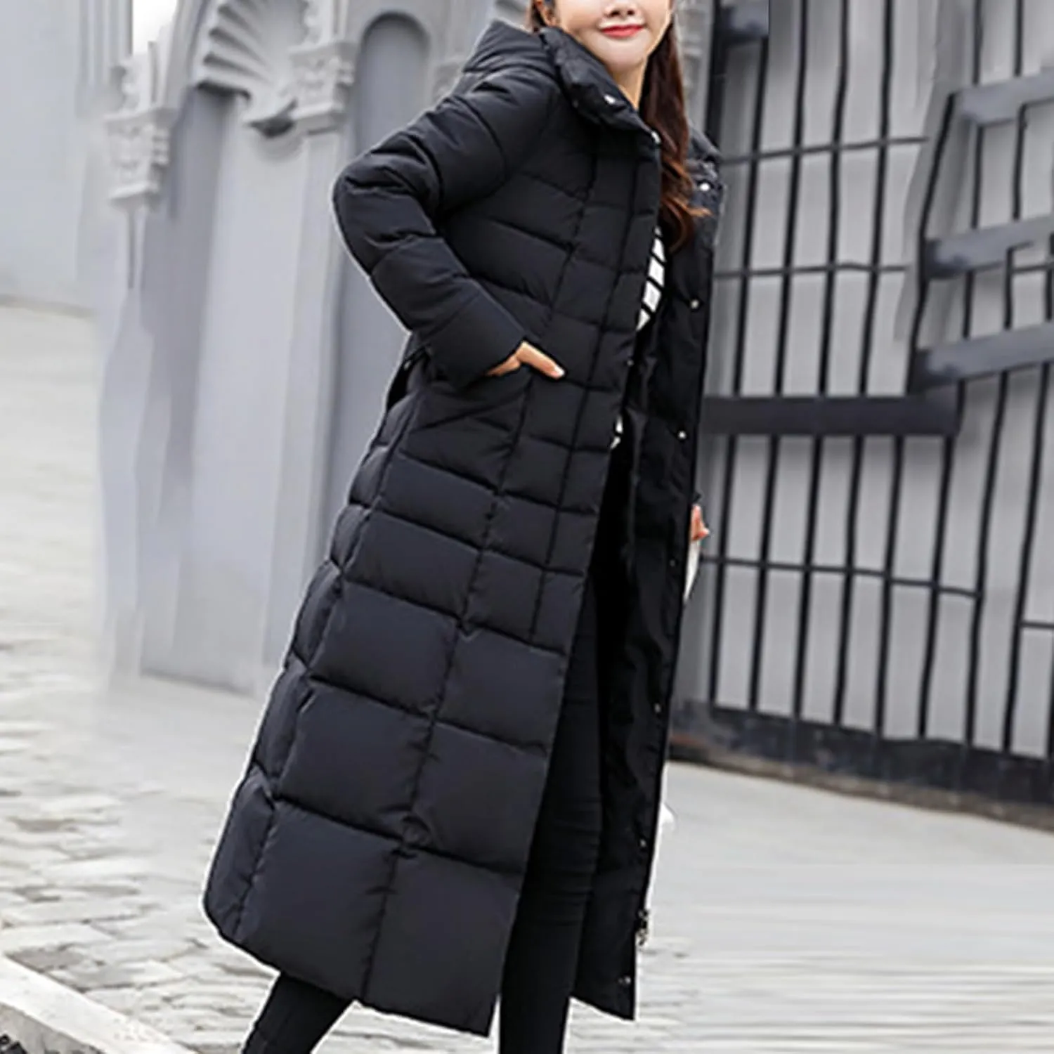 Winter Warm Coats for Women Thick Cotton Down Jacket Solid Color Hooded Padded Outerwear with Detachable Fur Collar