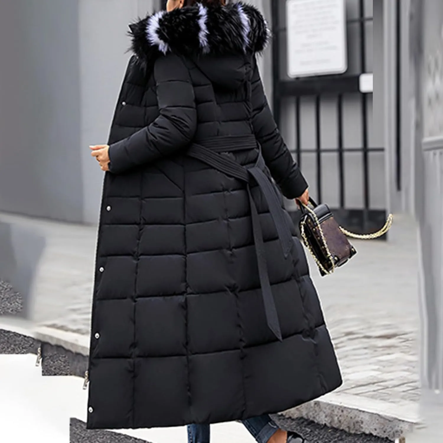 Winter Warm Coats for Women Thick Cotton Down Jacket Solid Color Hooded Padded Outerwear with Detachable Fur Collar