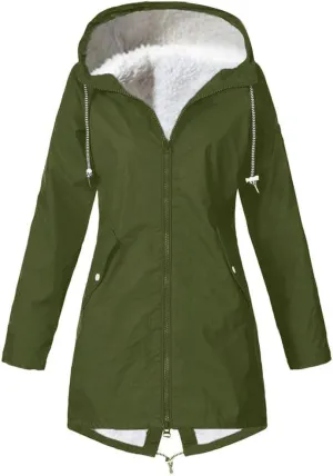 Wkishenl Waterproof Rain Coat Women Fall Winter Fleece Lined Outdoor Trench Coats Plus Size Windbreaker Rain Jacket