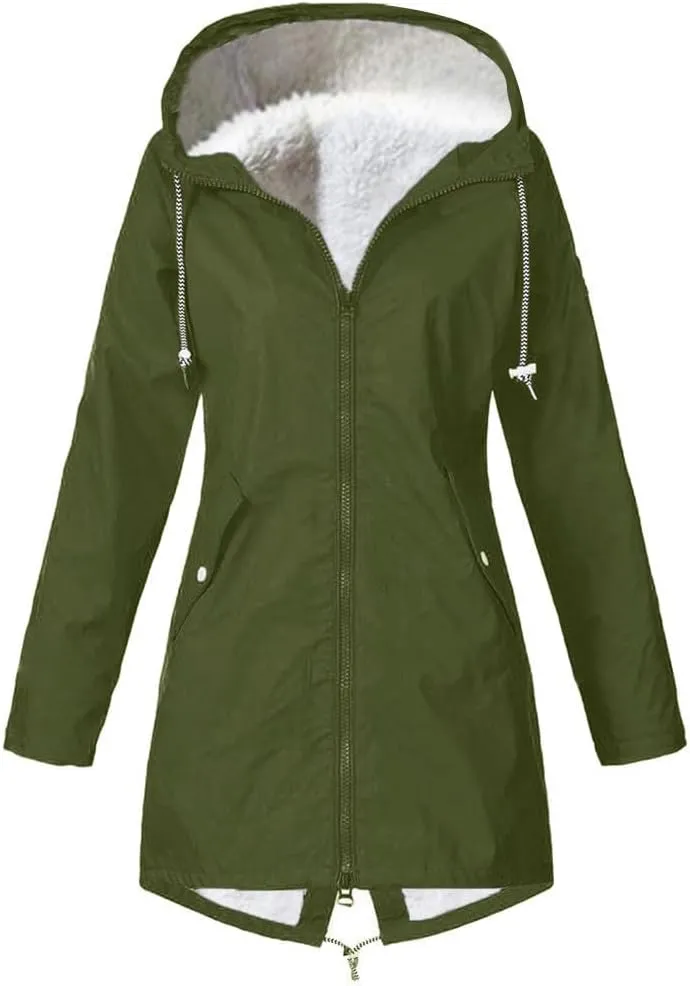 Wkishenl Waterproof Rain Coat Women Fall Winter Fleece Lined Outdoor Trench Coats Plus Size Windbreaker Rain Jacket