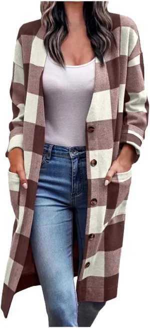 Wkishenl Womens Plaid Shacket Jacket Color Block Long Shirts Casual Long Sleeve Button Down Flannel Trench Coat with Pockets