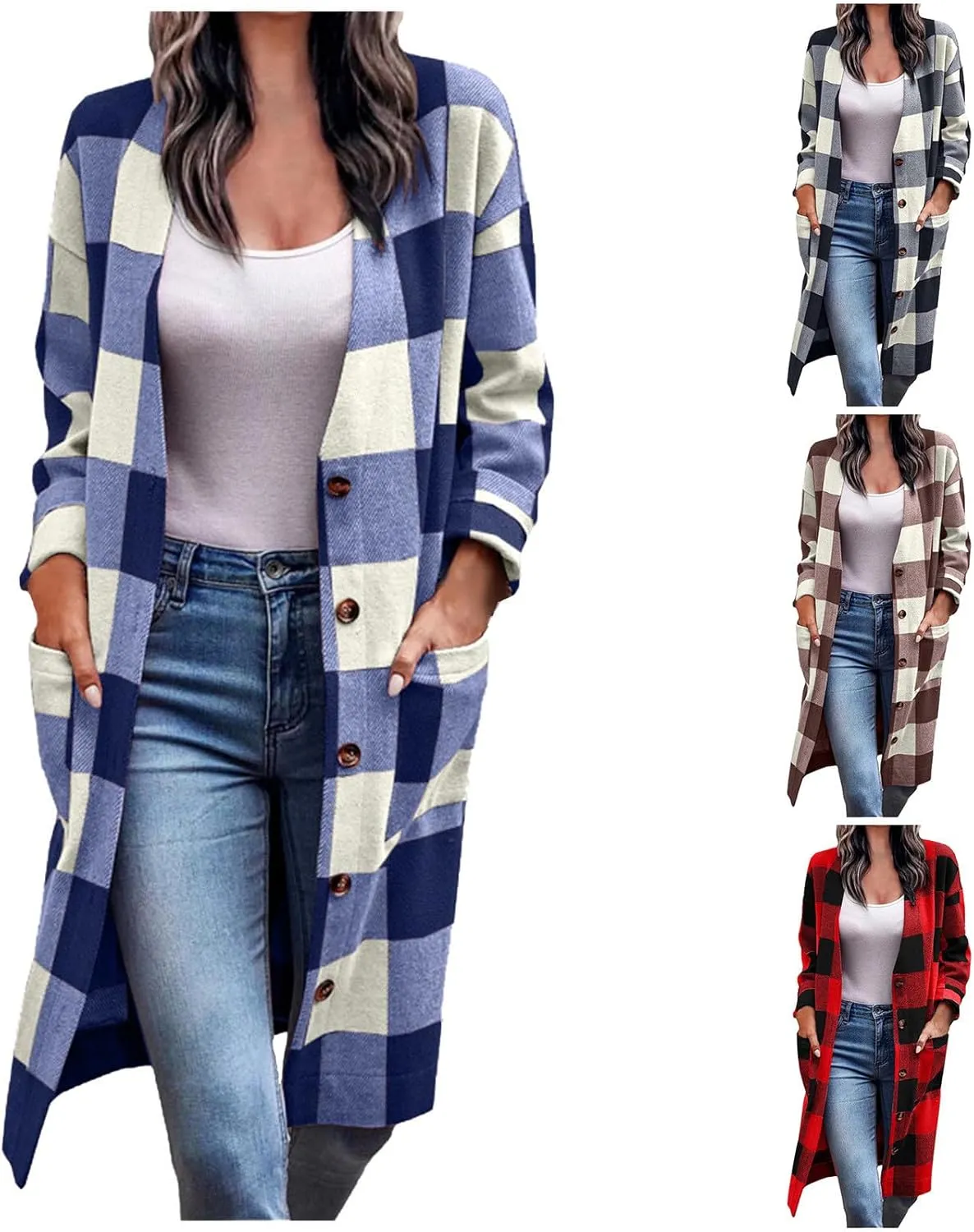 Wkishenl Womens Plaid Shacket Jacket Color Block Long Shirts Casual Long Sleeve Button Down Flannel Trench Coat with Pockets