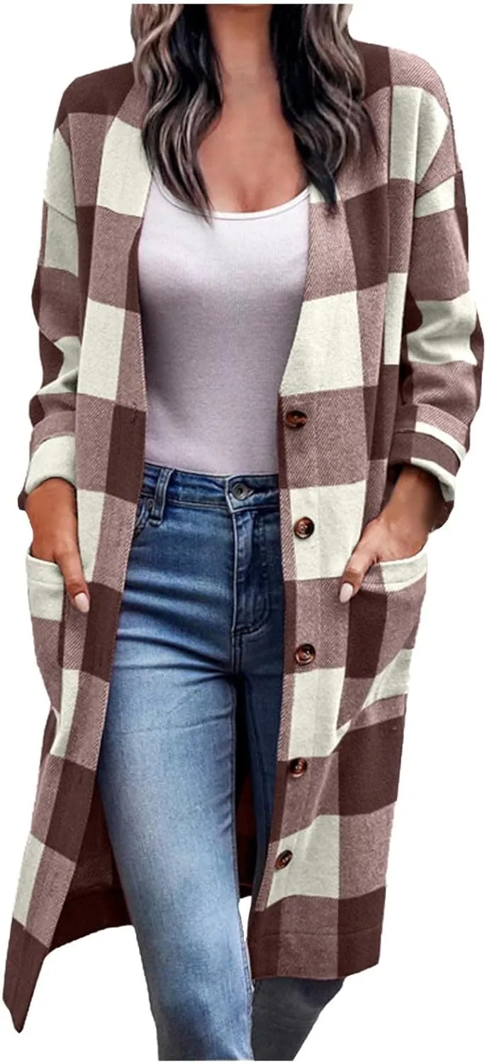 Wkishenl Womens Plaid Shacket Jacket Color Block Long Shirts Casual Long Sleeve Button Down Flannel Trench Coat with Pockets
