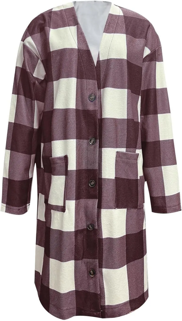 Wkishenl Womens Plaid Shacket Jacket Color Block Long Shirts Casual Long Sleeve Button Down Flannel Trench Coat with Pockets
