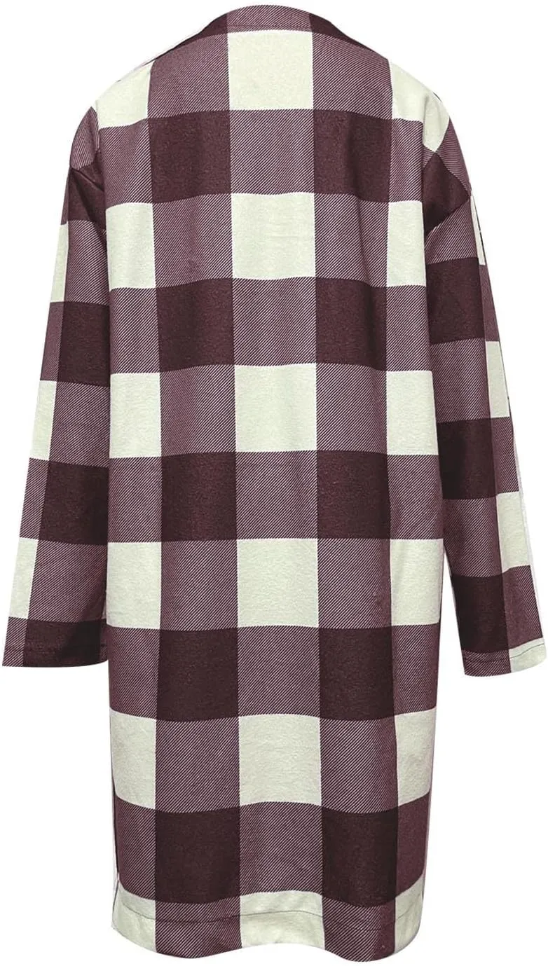 Wkishenl Womens Plaid Shacket Jacket Color Block Long Shirts Casual Long Sleeve Button Down Flannel Trench Coat with Pockets