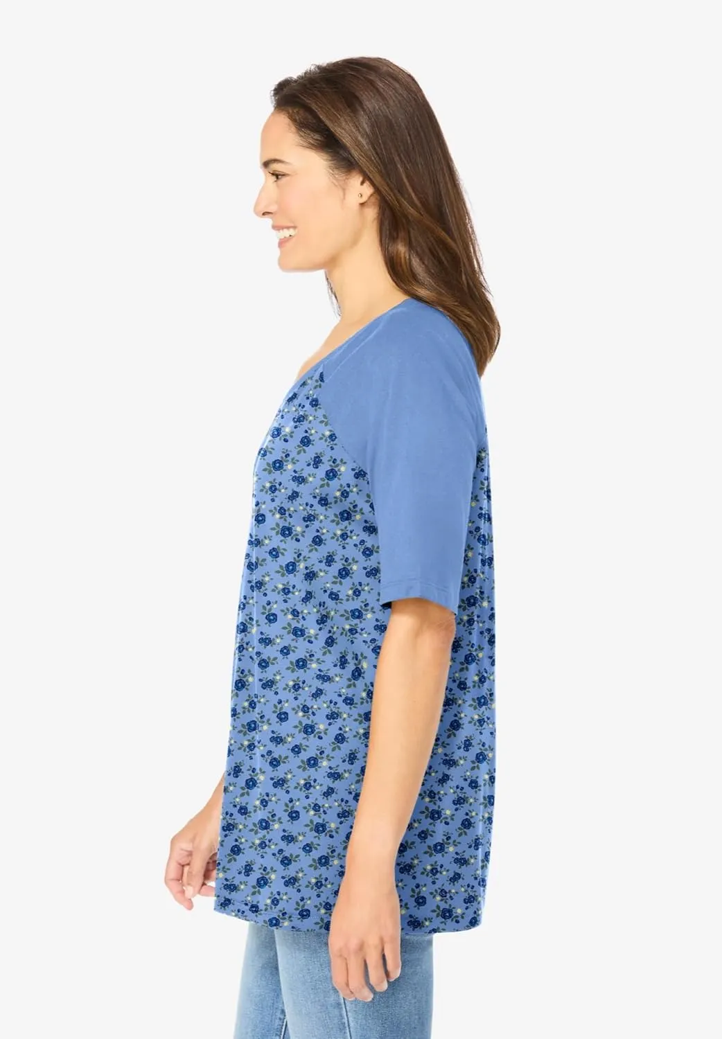 Woman Within Women's Plus Size Elbow Sleeve V-Neck Baseball Tee