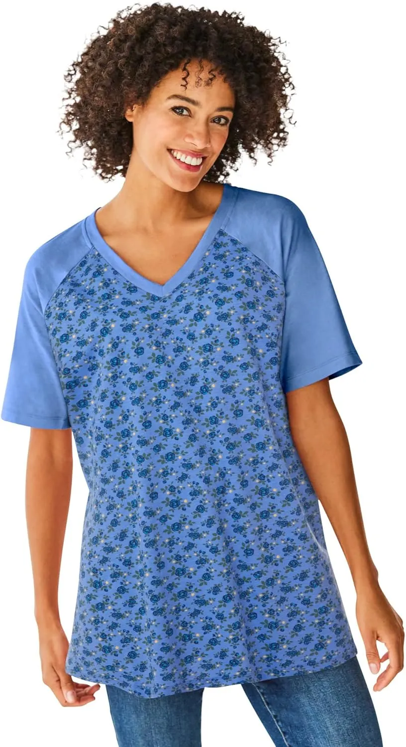 Woman Within Women's Plus Size Elbow Sleeve V-Neck Baseball Tee