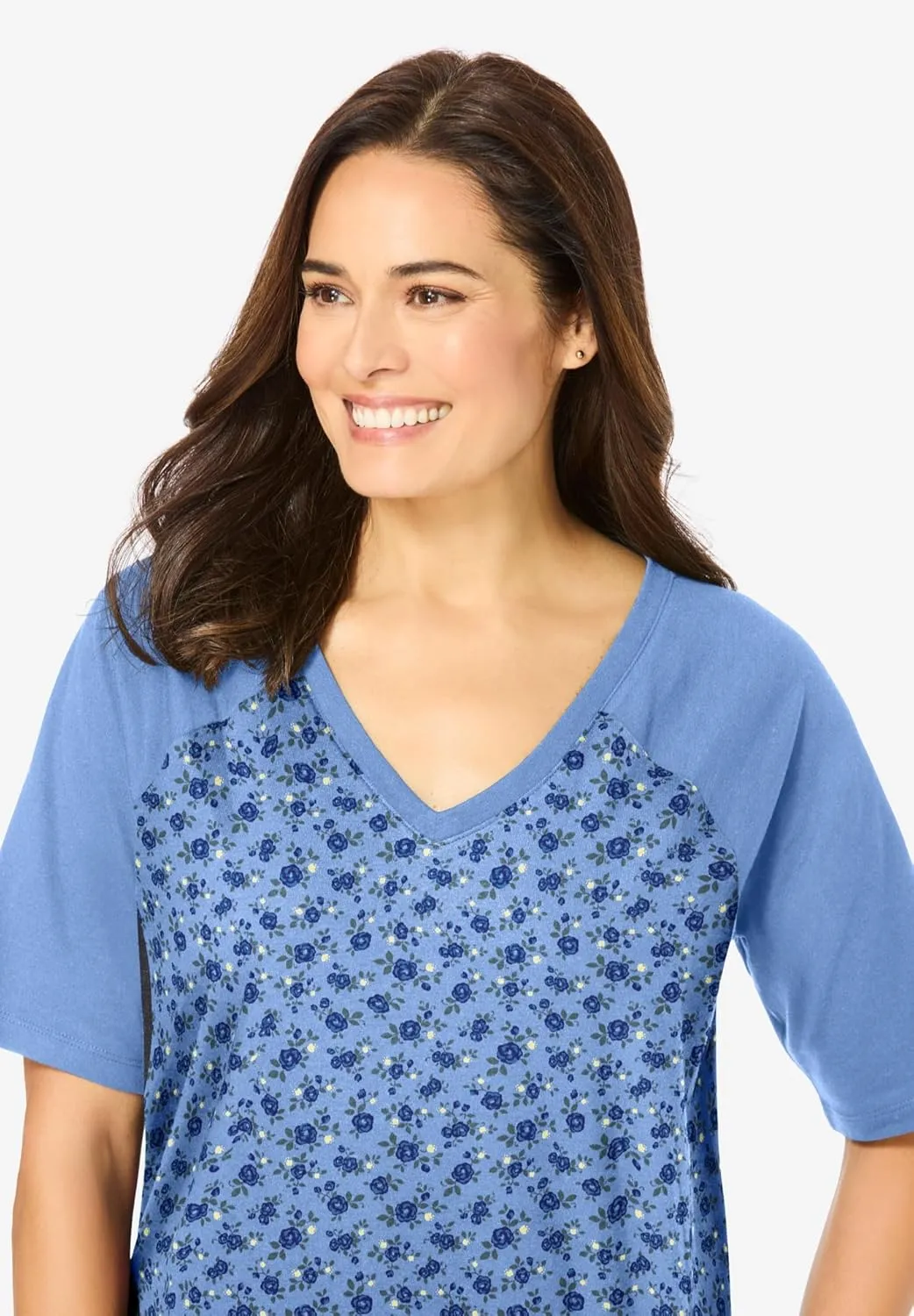 Woman Within Women's Plus Size Elbow Sleeve V-Neck Baseball Tee