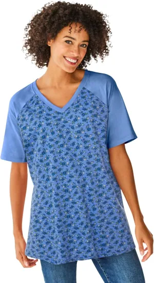Woman Within Women's Plus Size Elbow Sleeve V-Neck Baseball Tee