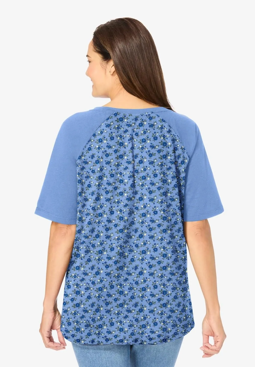 Woman Within Women's Plus Size Elbow Sleeve V-Neck Baseball Tee