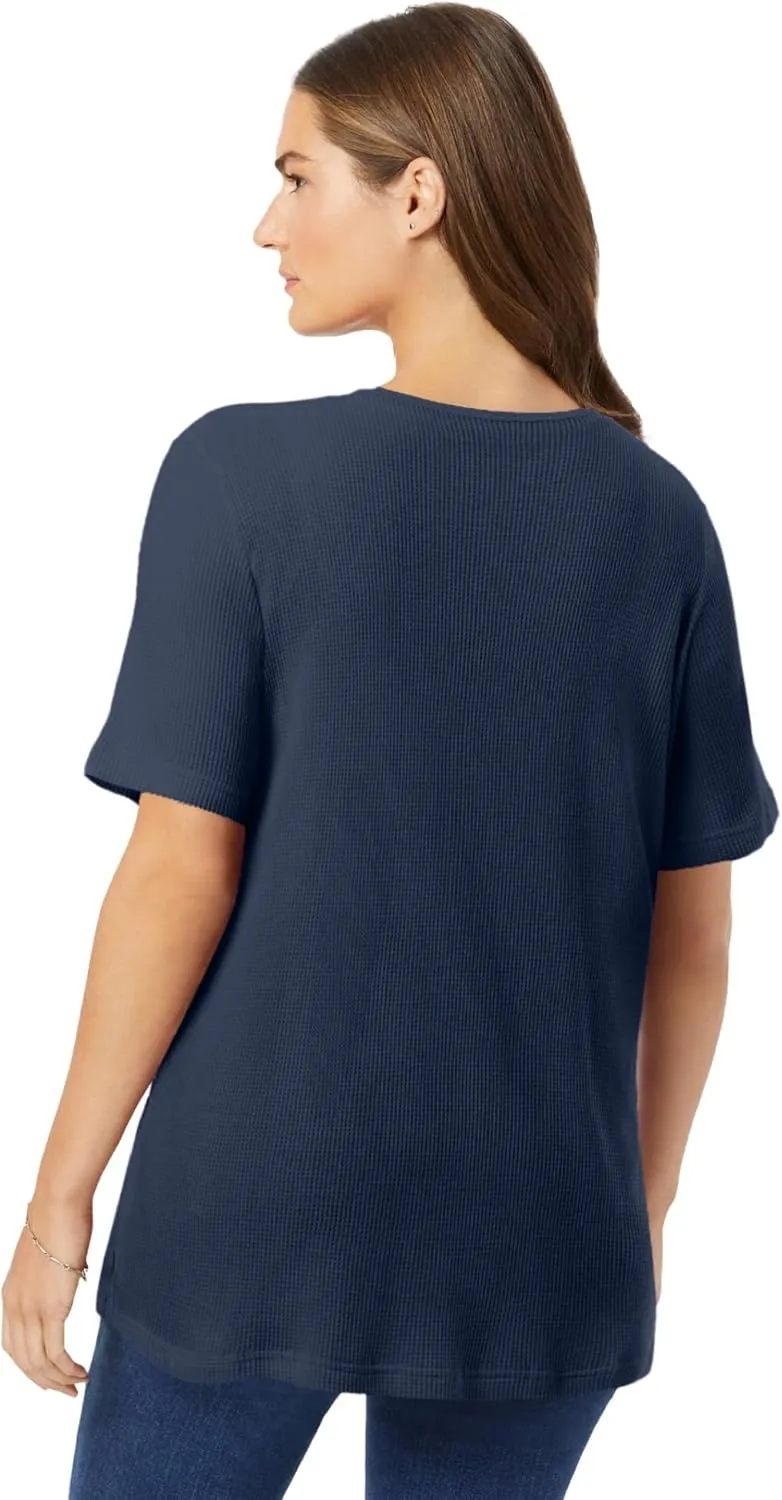 Woman Within Women's Plus Size Waffle Thermal Satin Trim Tee