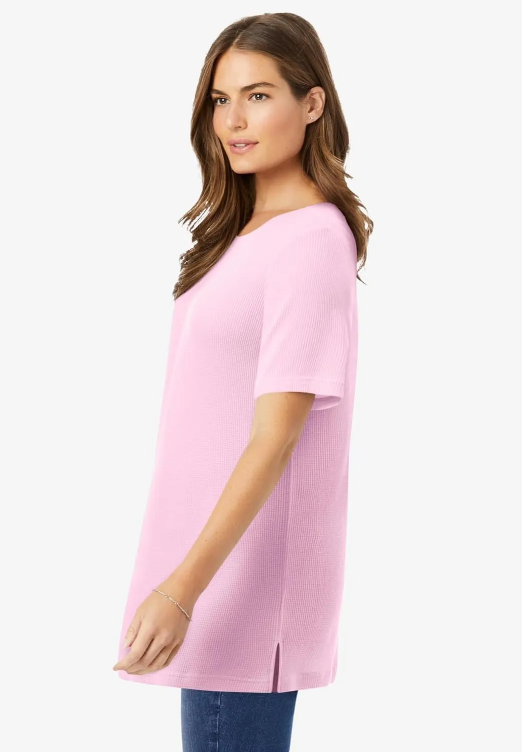 Woman Within Women's Plus Size Waffle Thermal Satin Trim Tee