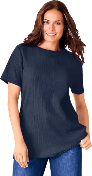 Woman Within Women's Plus Size Waffle Thermal Satin Trim Tee
