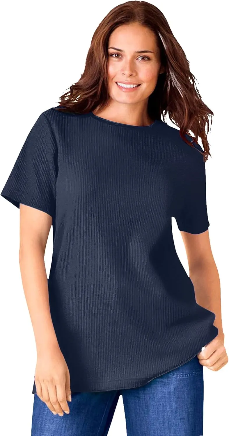 Woman Within Women's Plus Size Waffle Thermal Satin Trim Tee