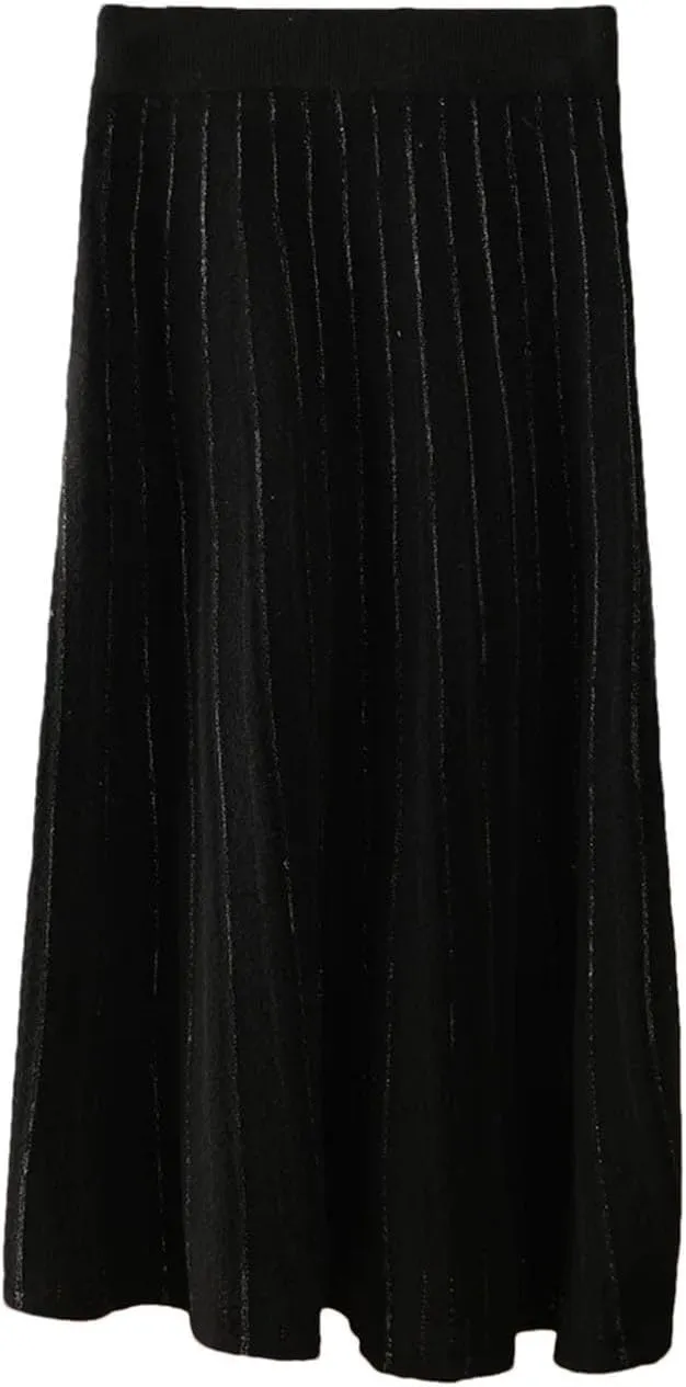 Women 100 Percent Merino Wool Pleated A-Line Skirt Office Lady Work Skirt Elastic Waist Weekend Skirt Female Midi Skirt