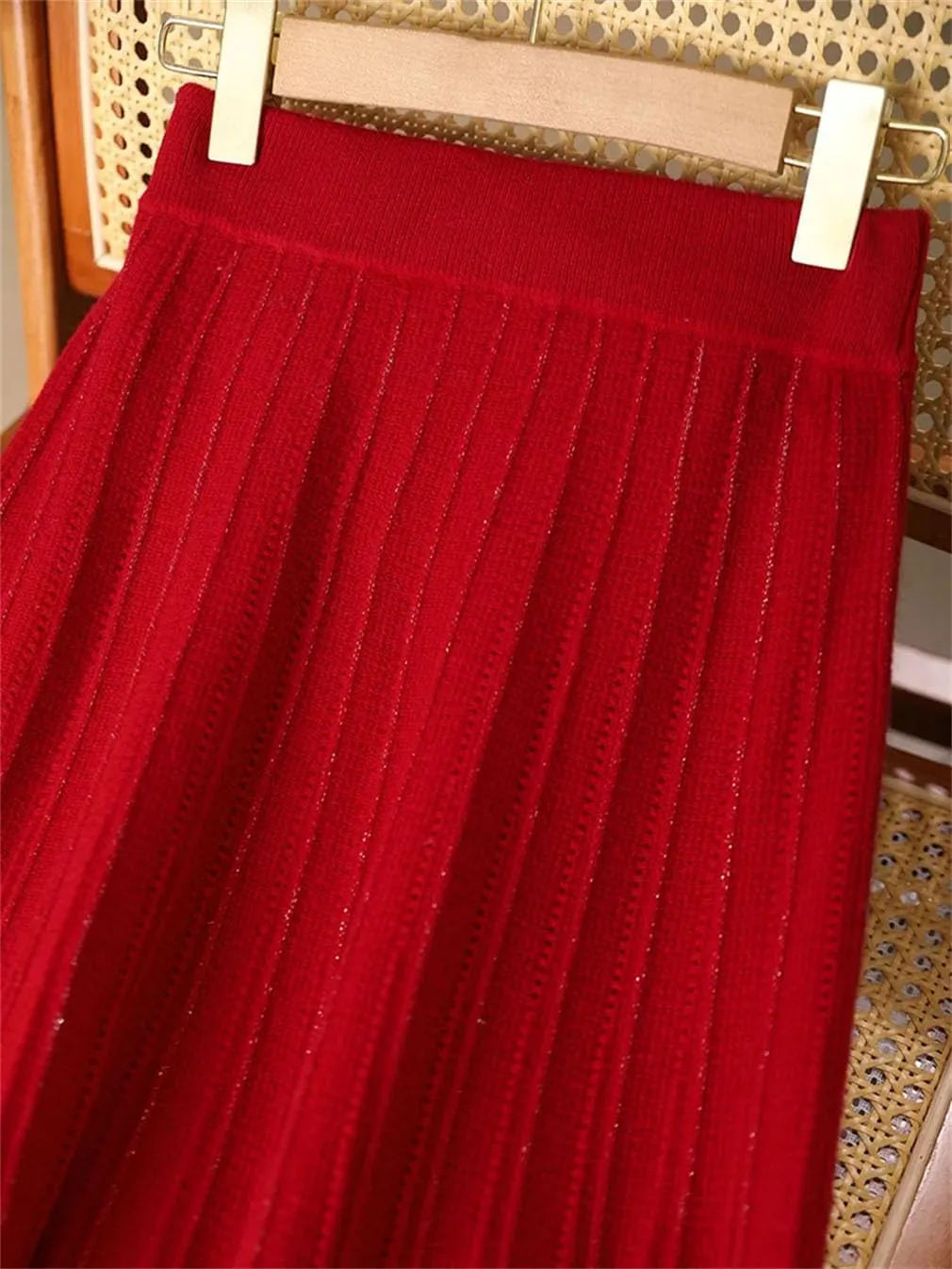 Women 100 Percent Merino Wool Pleated A-Line Skirt Office Lady Work Skirt Elastic Waist Weekend Skirt Female Midi Skirt