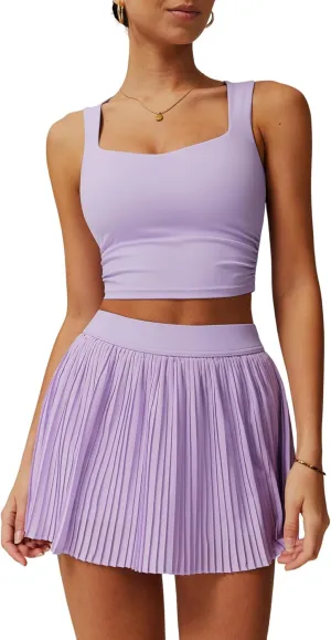 Women 2 Piece Tennis Dress Square Neck Tank Top with High Waisted Pleated Workout Skorts Skirt Set Yoga Golf Outfits