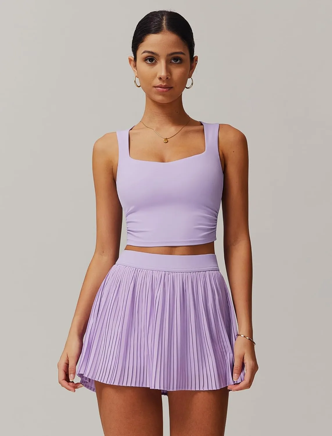 Women 2 Piece Tennis Dress Square Neck Tank Top with High Waisted Pleated Workout Skorts Skirt Set Yoga Golf Outfits