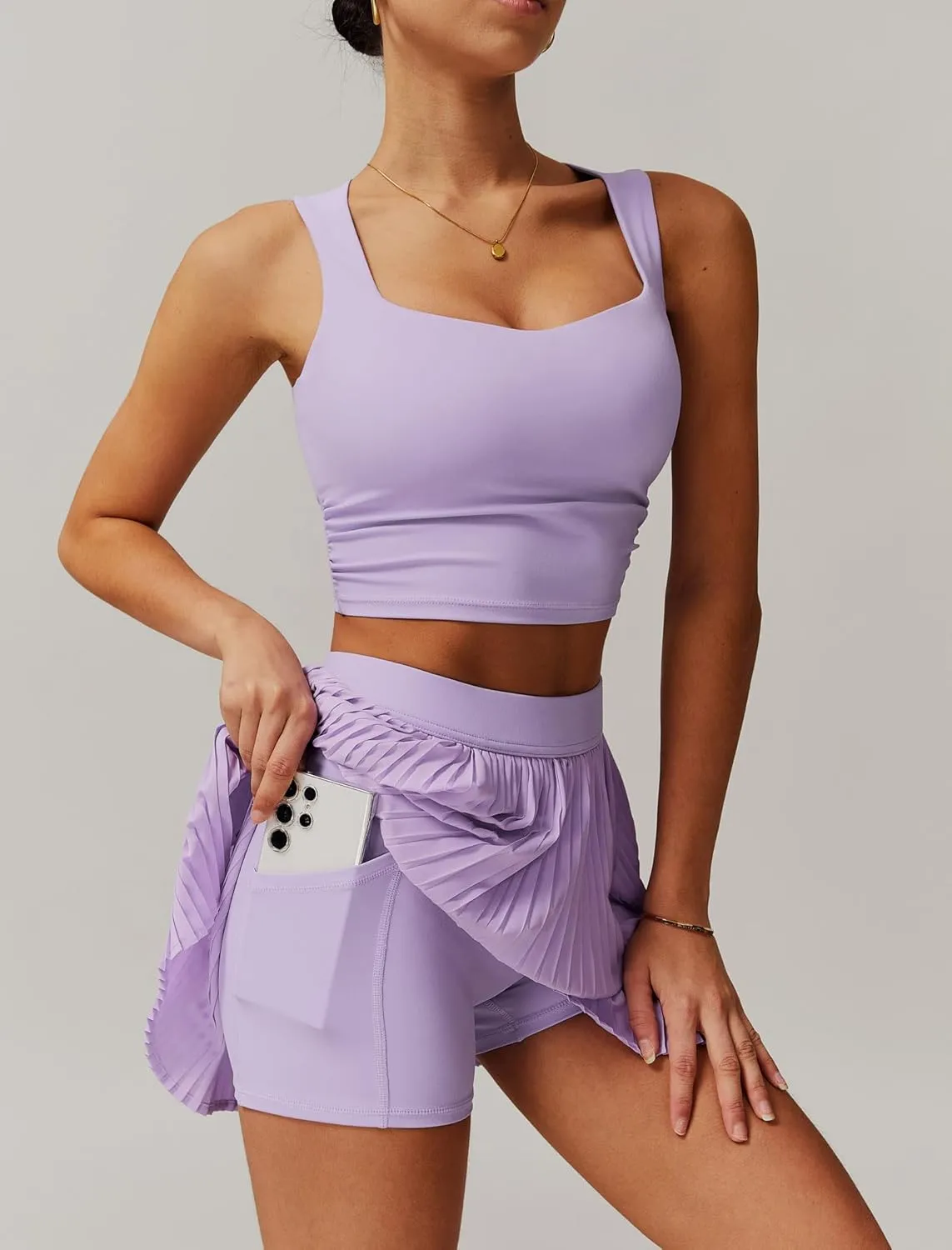 Women 2 Piece Tennis Dress Square Neck Tank Top with High Waisted Pleated Workout Skorts Skirt Set Yoga Golf Outfits