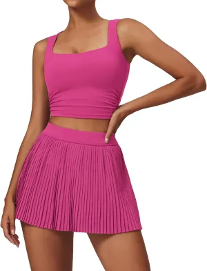Women 2 Piece Tennis Dress Square Neck Tank Top with High Waisted Pleated Workout Skorts Skirt Set Yoga Golf Outfits