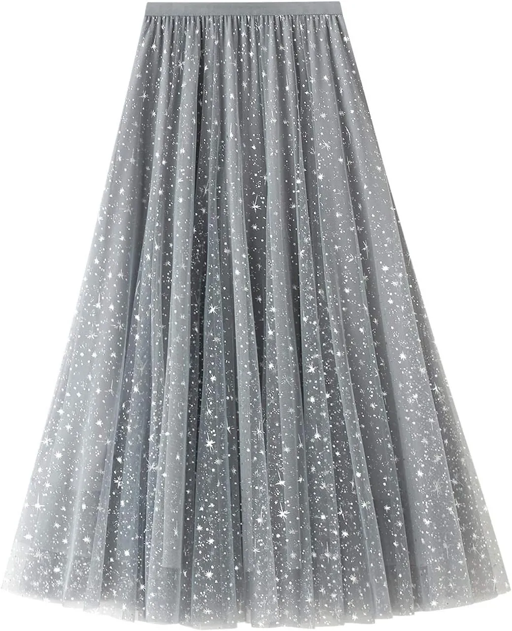 Women a Line Tulle Skirt Elastic Waist Layered Ruffle Midi Skirt Star Print Pleated Skirt Concert Skirt