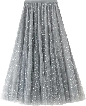 Women a Line Tulle Skirt Elastic Waist Layered Ruffle Midi Skirt Star Print Pleated Skirt Concert Skirt