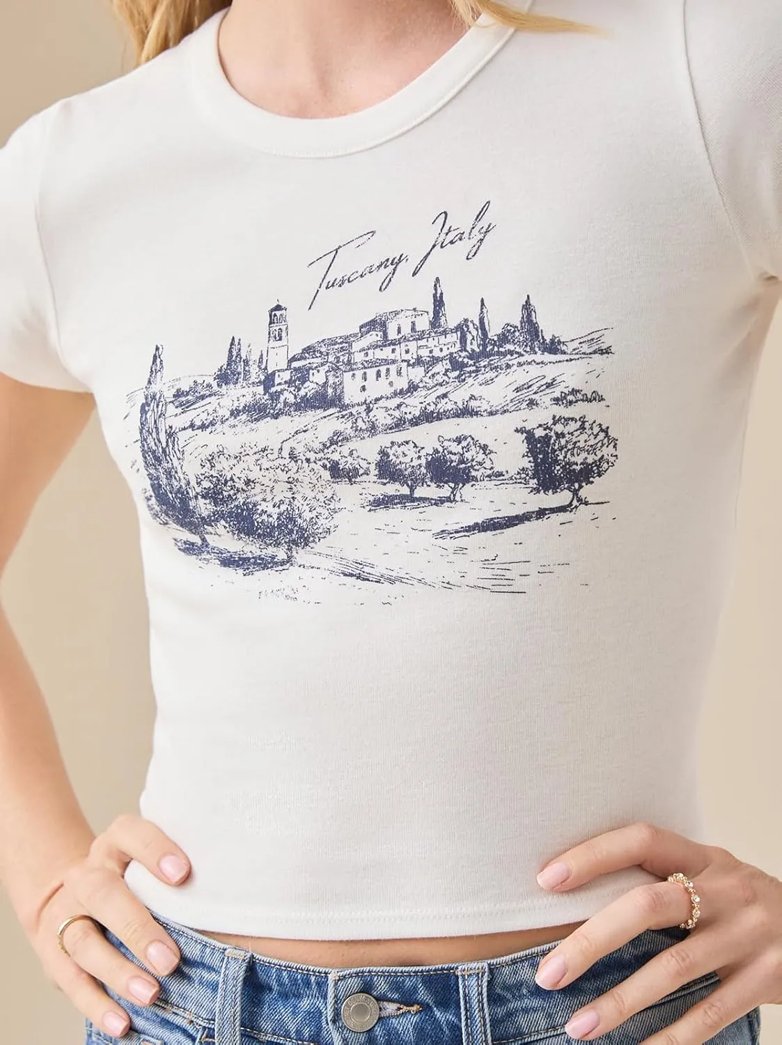Women Baby Tees Y2K Graphic Print Crop Top Cute Vintage Short Sleeve T-Shirt 90s Slim Fit Cropped Tee Streetwear