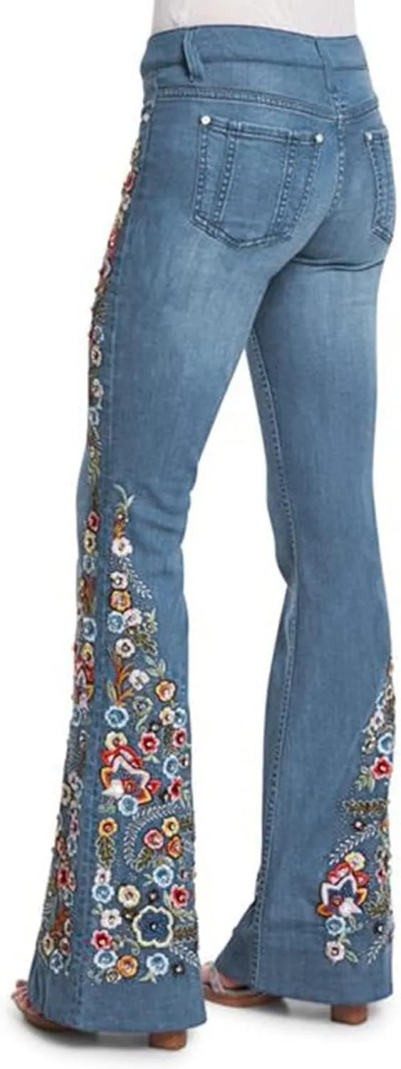 Women Bell Bottom Embroidered Gothic Floral Print Bootcut Western Jeans