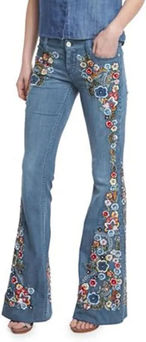 Women Bell Bottom Embroidered Gothic Floral Print Bootcut Western Jeans