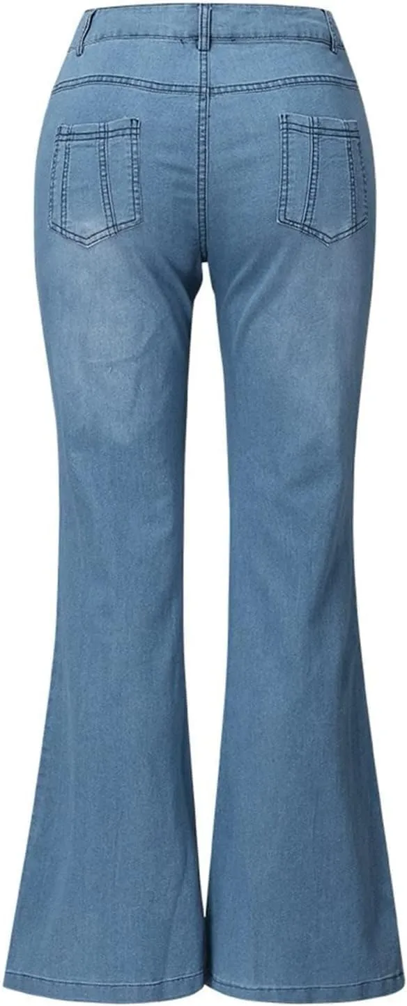Women Bell Bottom Embroidered Gothic Floral Print Bootcut Western Jeans